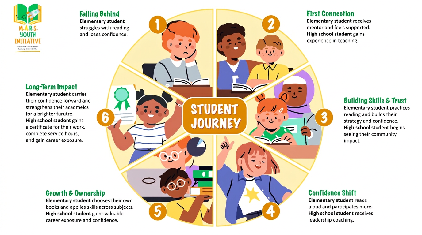 M.A.R.S. Student Journey infographic showing six stages from falling behind to long-term impact